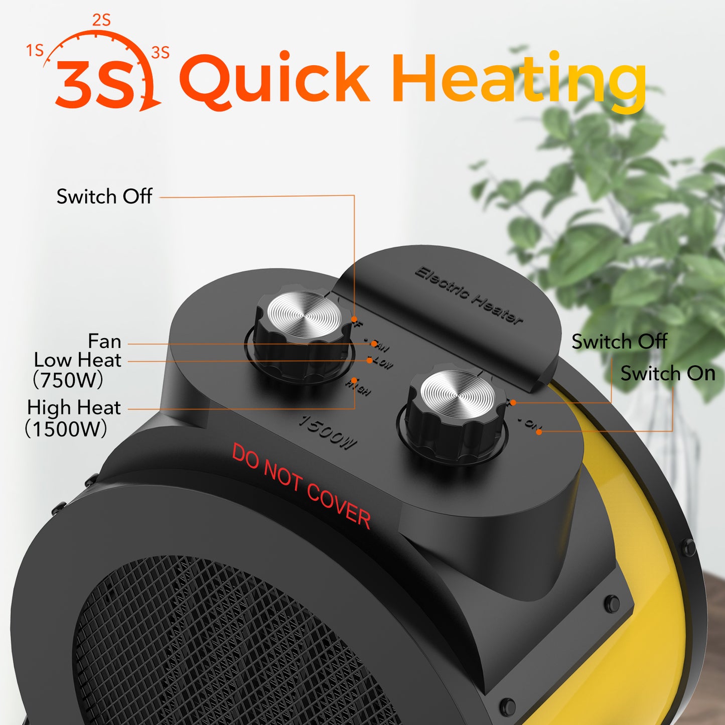 Elevoke Space Heaters for Indoor Use, 1500W PTC Electric Heater with 90°Adjustable Angle, Fast Safety Heat, Small Portable Heater for Office Home(Yellow)