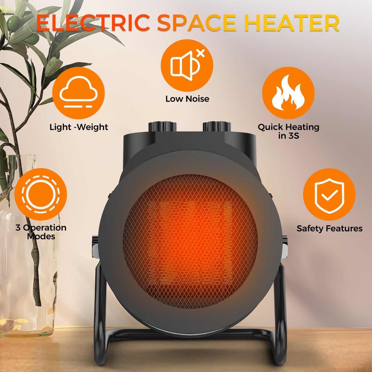 Elevoke Space Heaters for Indoor Use, 1500W PTC Electric Heater with 90°Adjustable Angle, Fast Safety Heat, Small Portable Heater for Office Home(Silver)